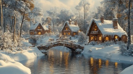 Fototapeta premium Snowy village with bridge at sunset