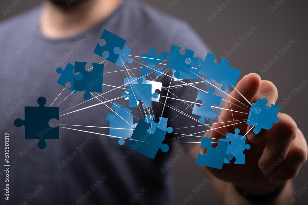 Poster abstract image of interconnected puzzle pieces, symbolizing teamwork, collaboration, and problem-sol