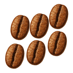 Six isolated coffee beans with realistic textures depicting fresh roasted coffee