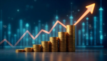 Stacks of Coins with Rising Arrow and Bar Graph, Financial Growth and Investment Concept