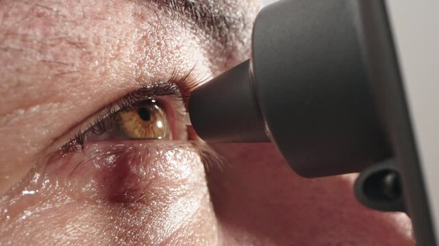 Close-up of eye pressure measurement with a modern applanation tonometer. Concept of ophthalmologic diagnostics and modern technologies.