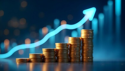 Stacks of Coins with Rising Arrow and Bar Graph, Financial Growth and Investment Concept