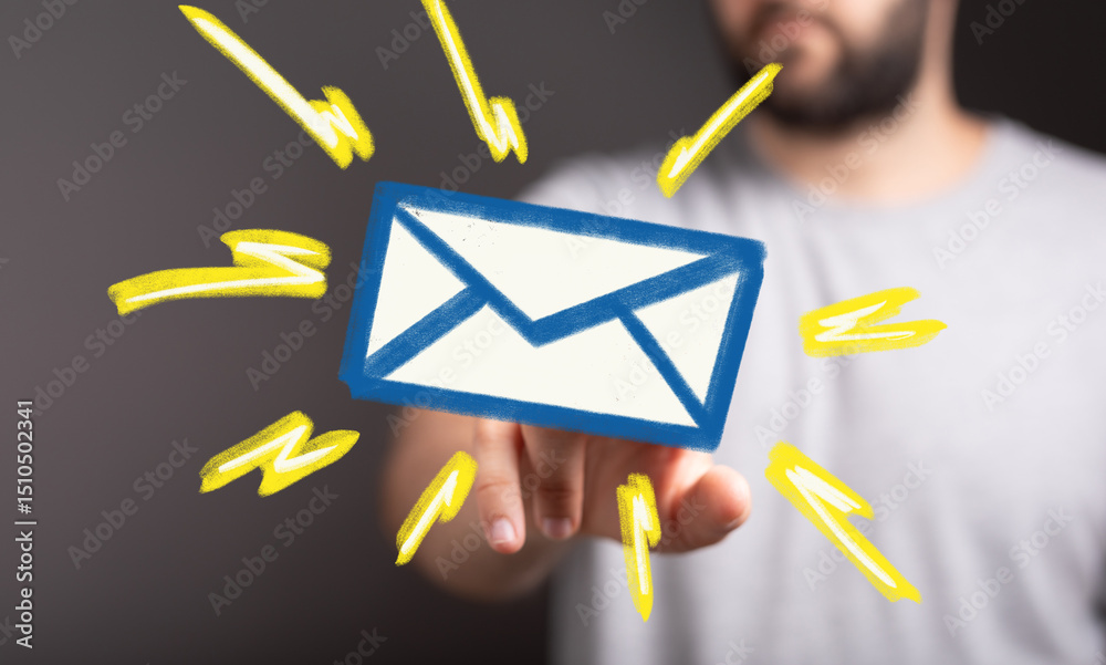 Poster image depicts a man's hand interacting with a digital email icon, symbolizing online communication a