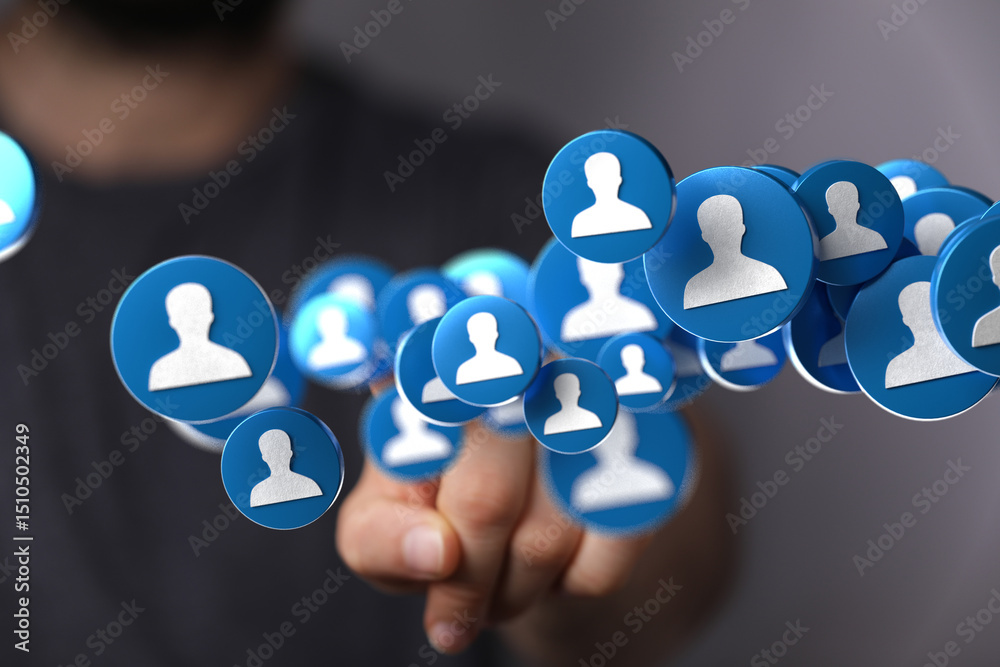 Aufkleber image depicts a hand interacting with floating profile icons, symbolizing networking, social media, 
