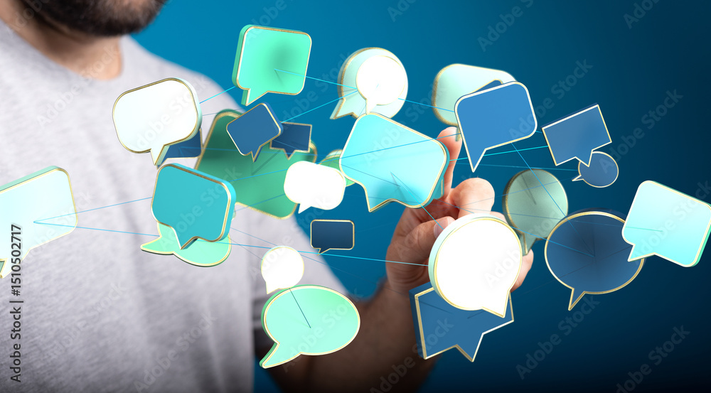 Poster abstract image of interconnected speech bubbles, symbolizing global communication and networking.