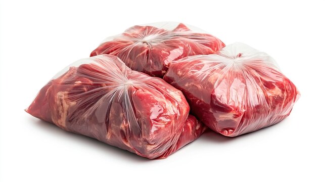 Three packages of raw, red meat in clear plastic bags