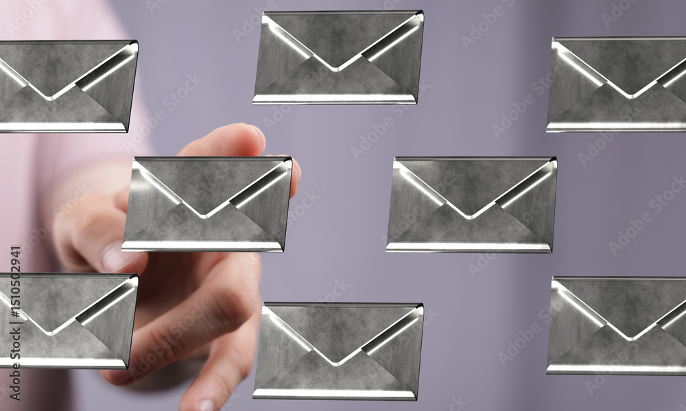 Poster person interacting with digital emails. concept of inbox management, communication, and online messa