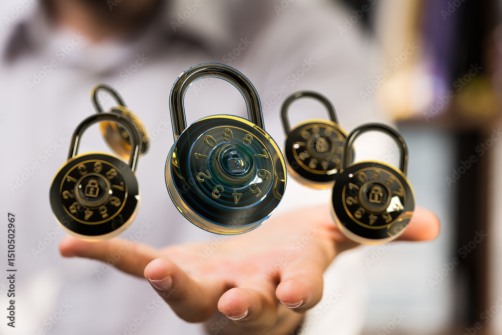 Poster Image of combination locks floating above an outstretched hand, symbolizing data security and protection.