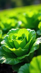 Close-up of vibrant green lettuce leaves growing in a lush garden bed, sunlight illuminating their fresh texture , lettuce, vitamins