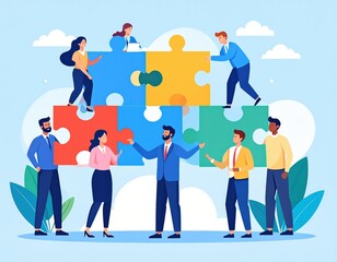 Diverse team building colorful puzzle pieces collaborative success illustration