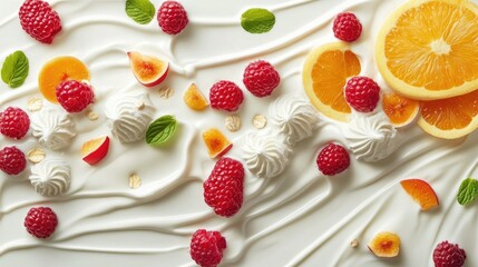 A visually appealing close-up of assorted berries (raspberries, blueberries, and red currants) artfully arranged in a milk splash.