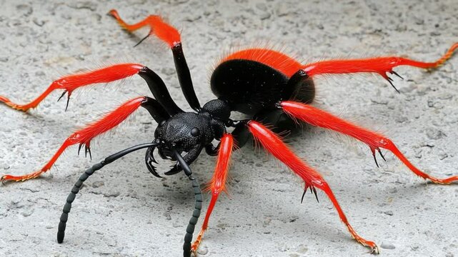 Close-up of a striking red and black insect featuring unique hairy legs and detailed head structure on a textured surface