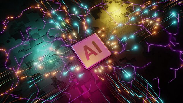 未来の高度な技術と革新を象徴する回路基板上のAIマイクロチップ