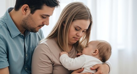 Fototapeta premium Young parents holding newborn baby home bright room family bonding. Father mother infant child tender moment parenthood love care concept