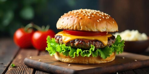 Juicy grilled burger on a toasted sesame seed bun, with melted cheese, crisp lettuce, and ripe tomato Perfect for a summer barbecue or casual meal , cheese, barbecue, american