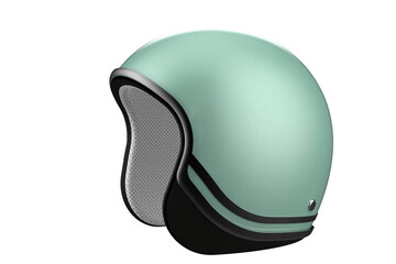Fototapeta premium Collection of Sleek Motorcycle Helmets on White. Protective Headgear in Mint, Black, Cream, Blue Colors. Vintage and Modern Styles for Rider Safety, Road Transport and Biking Gear. Studio Shot.