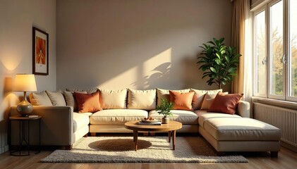Cozy living room with warm lighting, comfortable furniture, and stylish decor, perfect for a relaxing atmosphere , modern, tranquil
