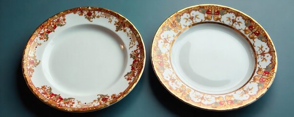 Close-up of two mismatched dinner plates, one ornate, one plain, representing a contrasting couple, perhaps reflecting differences in personality or lifestyle , smooth, serving