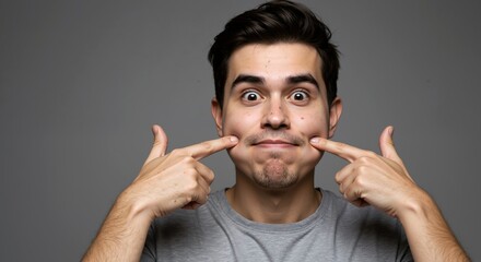 Young man pointing fingers at forced smile gray background portrait. Male brown hair gray shirt fake happiness facial expression emotions concept