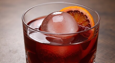 Dark cocktail glass large ice sphere orange slice garnish brown liquid. Whiskey bourbon rum drink alcohol beverage bar restaurant hospitality concept