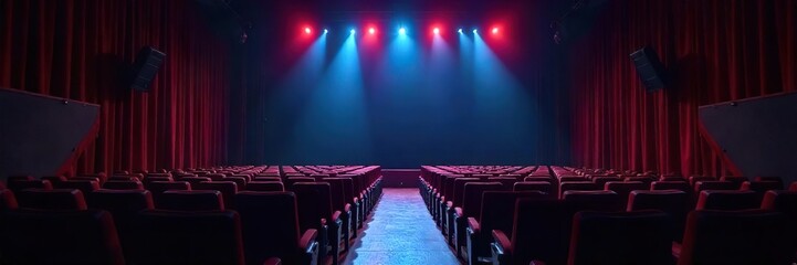 A darkened theater stage, spotlights illuminating empty chairs, suggesting a performance about to begin or recently concluded in a unique sensory experience , chairs, accessibility, unseen