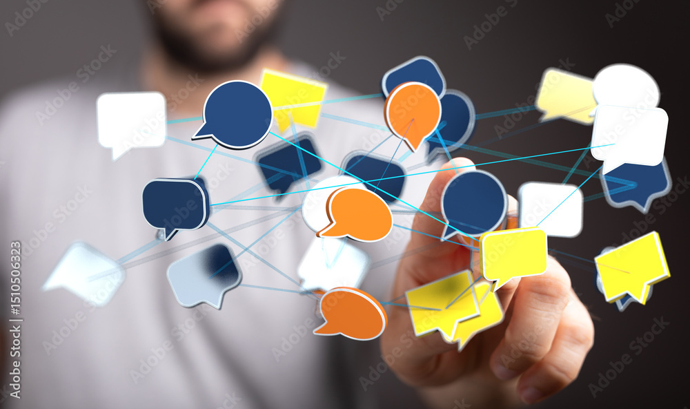 Poster abstract image of interconnected speech bubbles, symbolizing global communication and networking.
