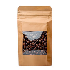 Blank brown Kraft paper bag with coffee beans in transparent window on white background. Packaging template mockup collection with clipping path. Ai Generated Images