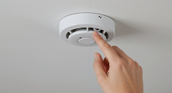 Hand pressing smoke detector button ceiling white device safety testing. Finger touching alarm system home security fire protection maintenance concept