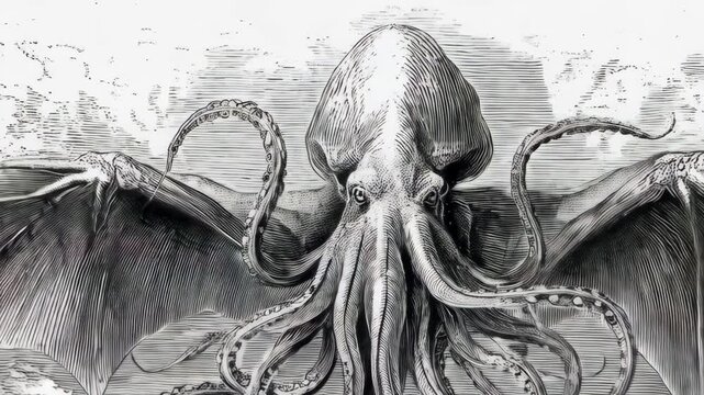 Engraving of a monstrous, winged octopus or squid like creature, with tentacles, ocean waves, and an eerie, vintage illustration aesthetic.