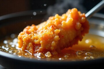 Close-up shot of a sizzling, golden-brown piece of fried chicken emerging from a deep fryer, hot oil bubbling around it Steam rises, highlighting the crispy texture , bubbling, meat