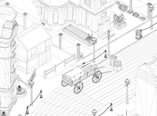 A black and white drawing of a city street with a horse drawn carriage. The street is lined with buildings and has a bench on the sidewalk. Isometric view. 3D