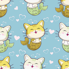 pattern Cute cat mermaid kawaii cartoon illustration.