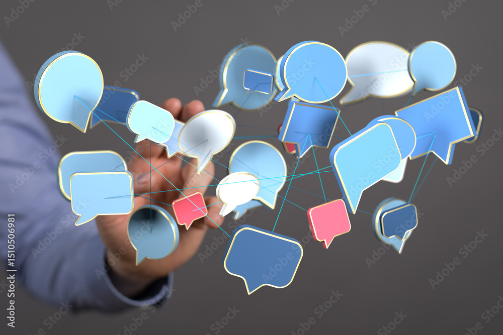 Poster abstract image of interconnected speech bubbles, symbolizing global communication and networking.