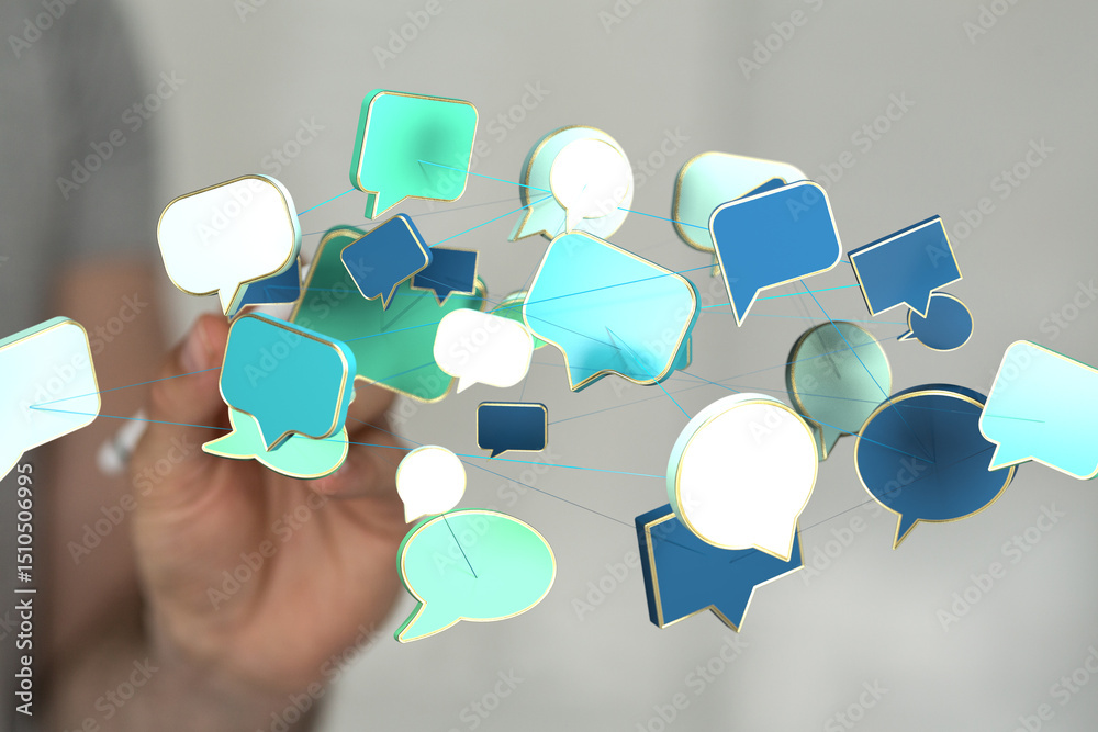 Poster abstract image of interconnected speech bubbles, symbolizing global communication and networking.