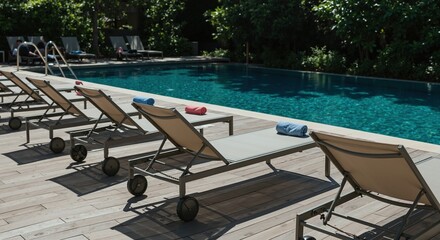 Fototapeta premium Pool lounge chairs beige cushions stone deck towels outdoor furniture swimming. Modern residential patio relaxation leisure vacation resort hotel summer concept