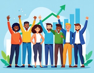 Obraz premium Diverse team celebrating success with rising graph and arrow symbolizing growth and achievement