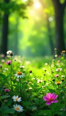 A lush green meadow bursting with wildflowers and various herbs, sunlight dappling through leaves Perfect for natural health, herbal remedies, and springtime themes , remedy, wildflowers