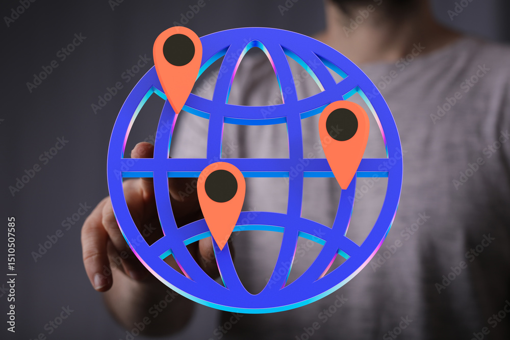 Poster person interacting with a 3d globe showing multiple location points, symbolizing global reach or net