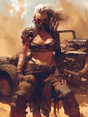 Post apocalyptic anime survivor woman on armored vehicle in desert