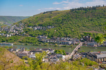 View of Cochem city and a bridge over Moselle Mosel river and vineyard at sunny day, Germany.	