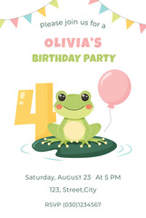 Birthday party invitation card with cute frog. Birthday party vector template	