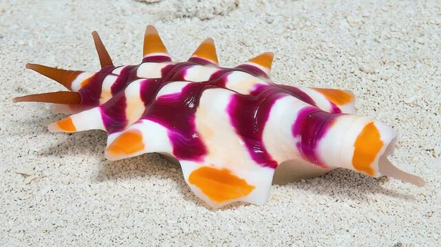 Vibrant Shell on Sandy Beach: Striking Colors and Unique Shape of Marine Creature in Natural Habitat