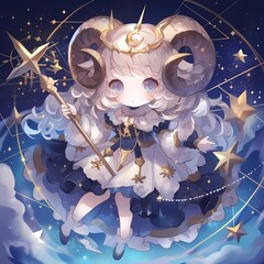 Fantasy creature with human head and sheep body in starry night