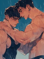 Two anime young men sharing moment under rain