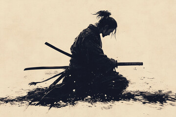 A samurai bowing before battle silhouette