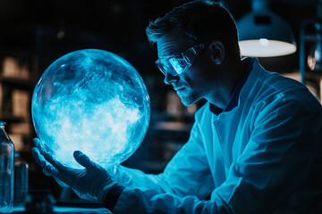 A scientist inspecting a floating