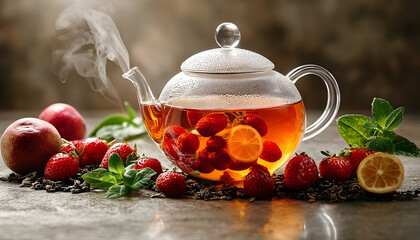 Fruit tea in glass teapot