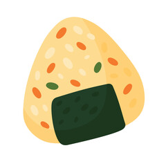 Japanese onigiri rice ball with colorful sprinkles and seaweed, cartoon vector illustration.