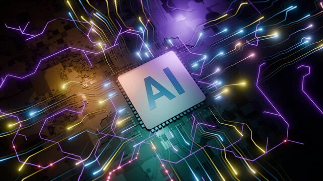 未来の高度な技術と革新を象徴する回路基板上のAIマイクロチップ