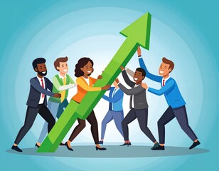 Diverse team collaboratively lifts a large green arrow symbolizing growth and success (1)